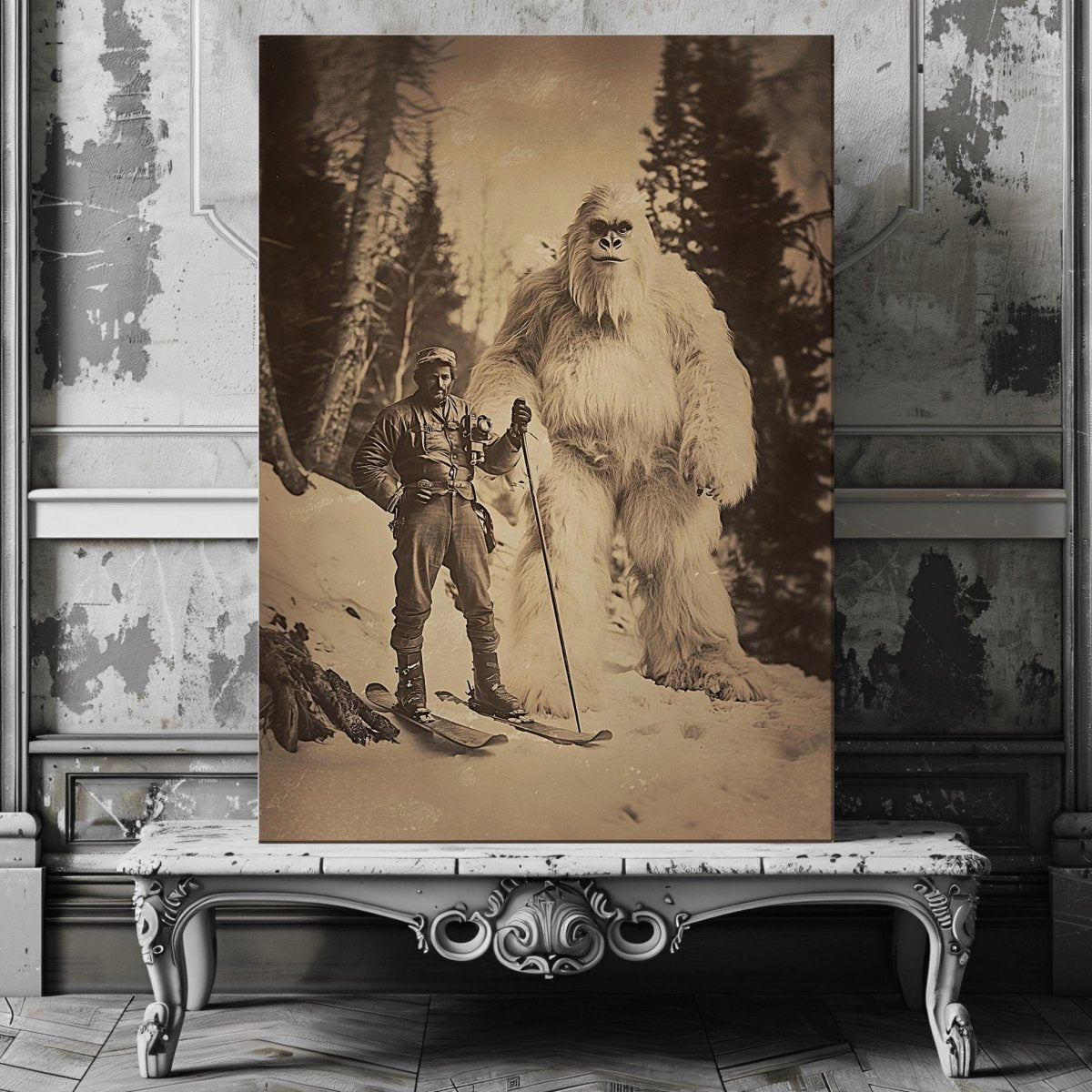 Explorer and Yeti Canvas Print – Vintage Adventure in a Mystical Snowy Forest - Everything Pixel
