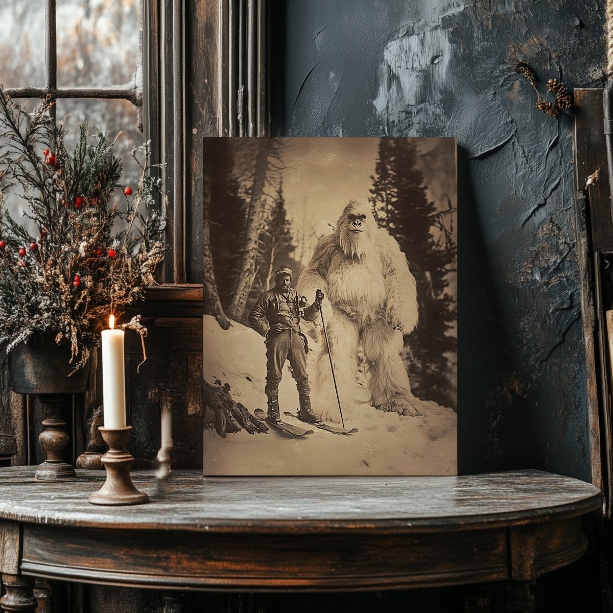 Explorer and Yeti Canvas Print – Vintage Adventure in a Mystical Snowy Forest - Everything Pixel