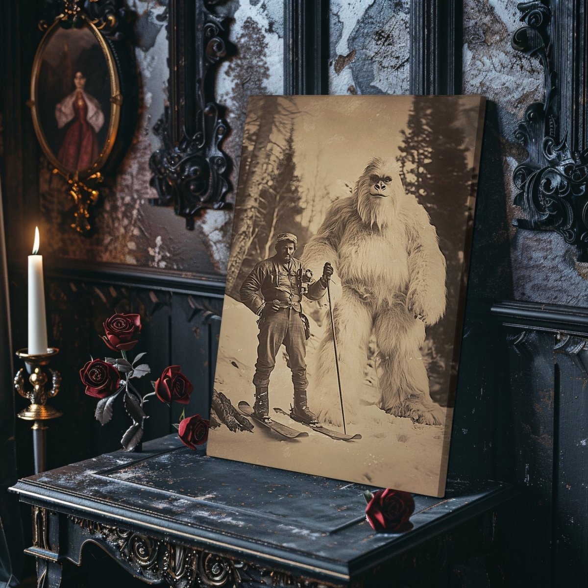 Explorer and Yeti Canvas Print – Vintage Adventure in a Mystical Snowy Forest - Everything Pixel