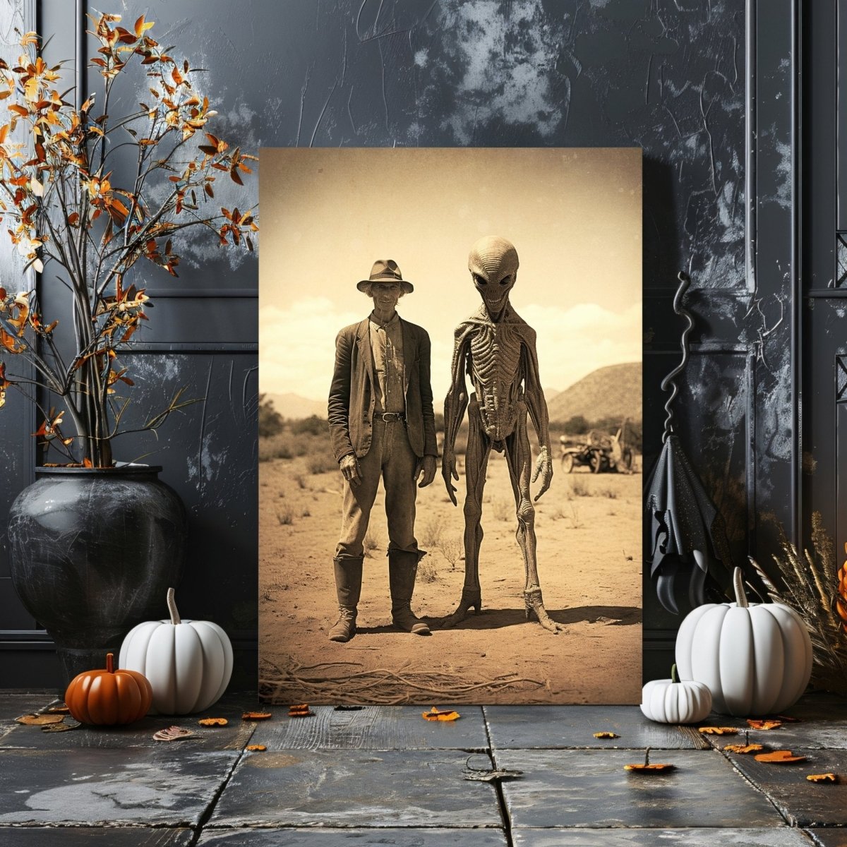 Farmer & Alien in Desert Canvas Print - Vintage Photo, Spooky Decor - Everything Pixel
