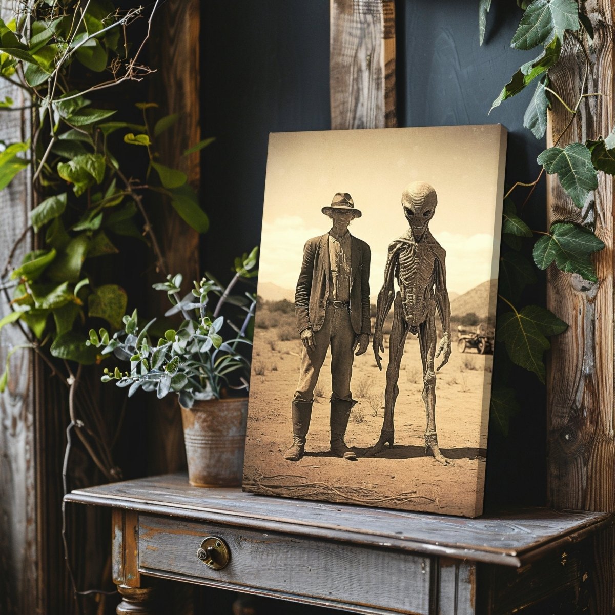 Farmer & Alien in Desert Canvas Print - Vintage Photo, Spooky Decor - Everything Pixel