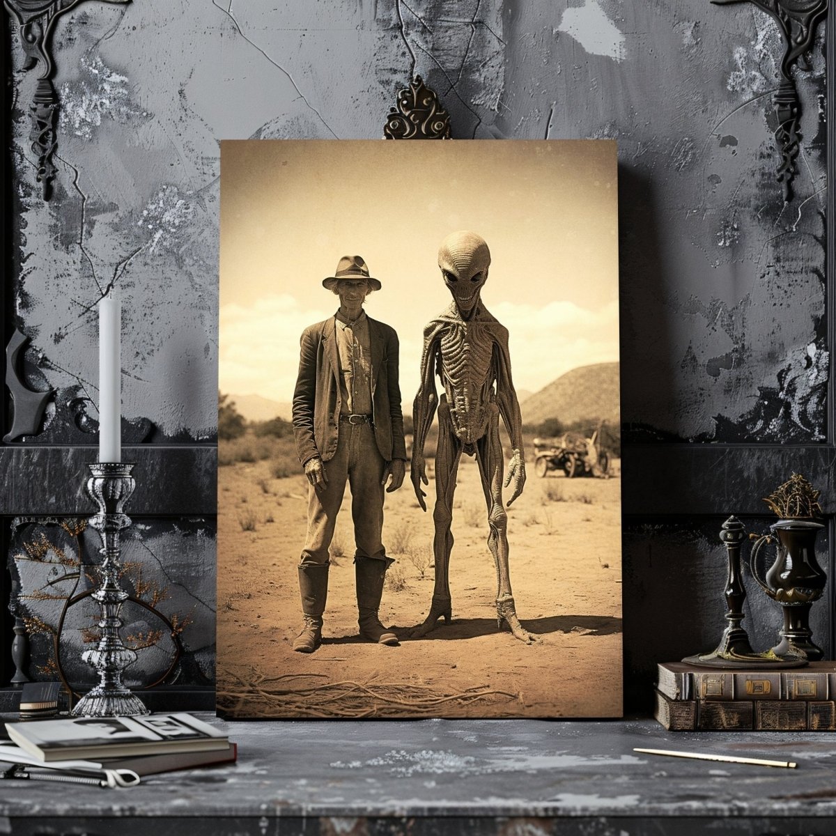 Farmer & Alien in Desert Canvas Print - Vintage Photo, Spooky Decor - Everything Pixel
