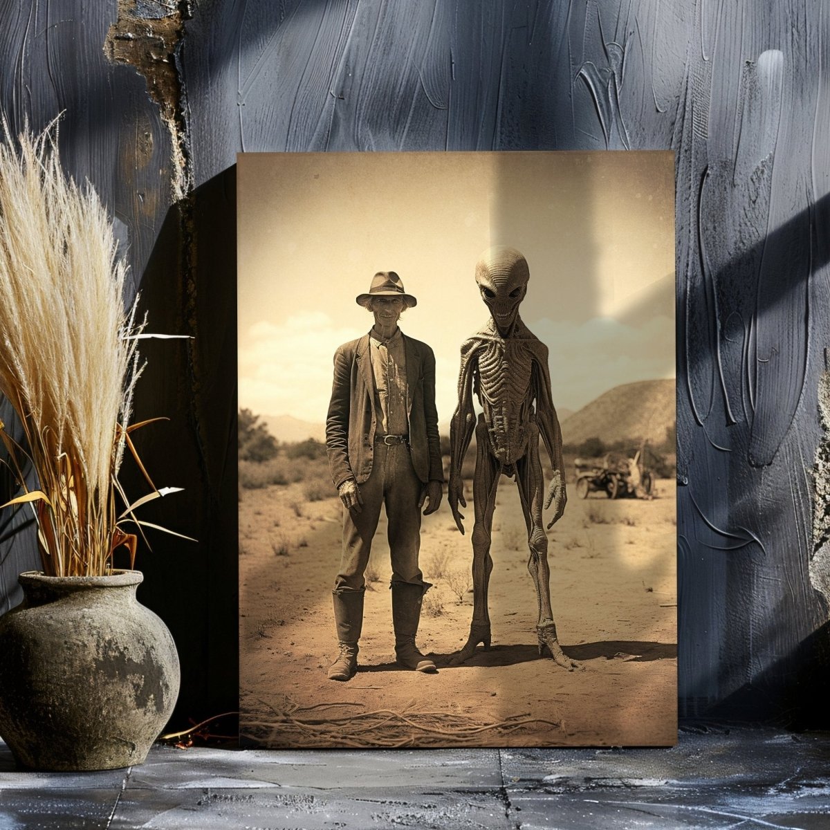 Farmer & Alien in Desert Canvas Print - Vintage Photo, Spooky Decor - Everything Pixel
