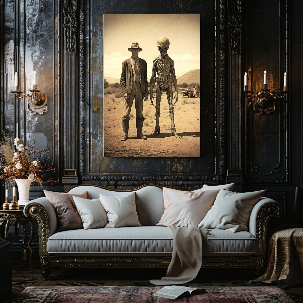 Farmer & Alien in Desert Canvas Print - Vintage Photo, Spooky Decor - Everything Pixel