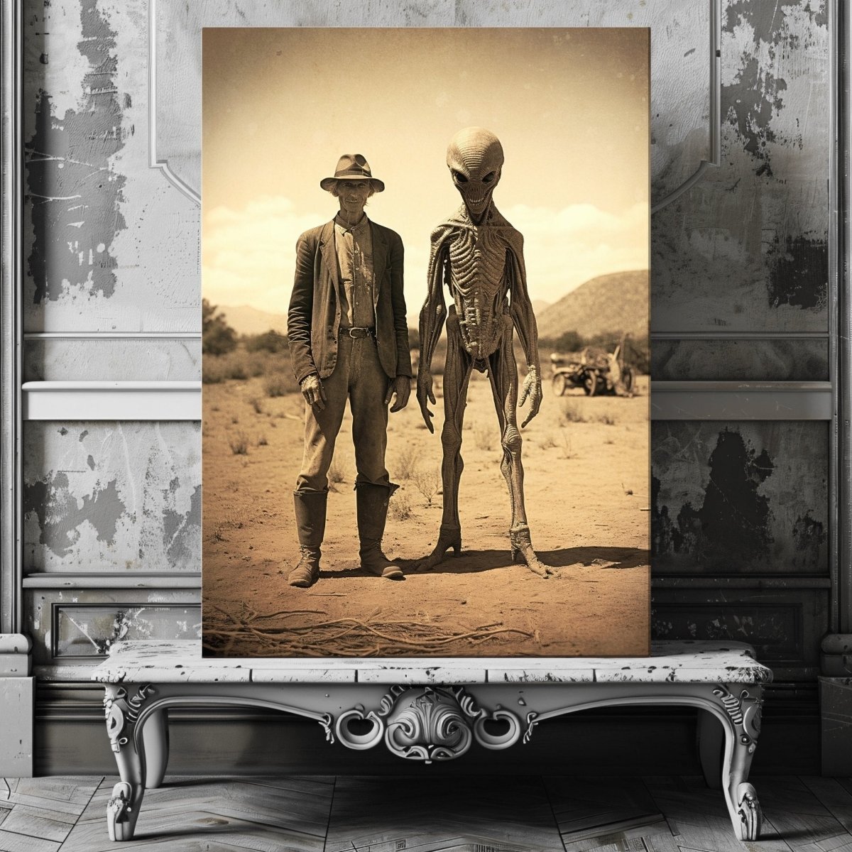 Farmer & Alien in Desert Canvas Print - Vintage Photo, Spooky Decor - Everything Pixel