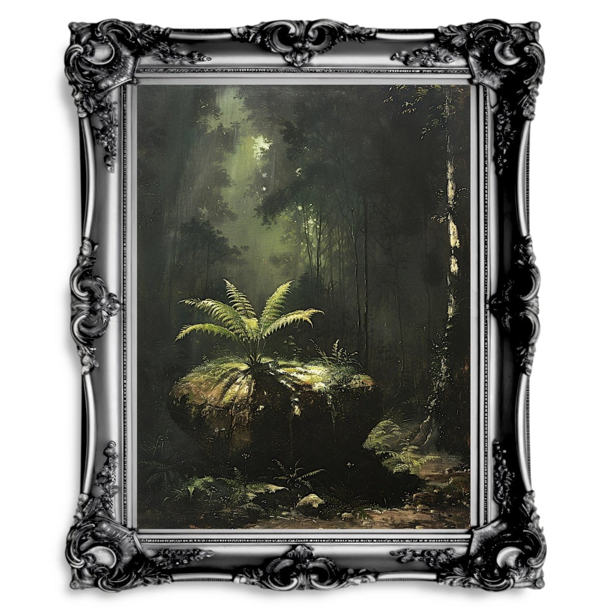 Fern on Rock in Dark Woodland - Gothic Vintage Wall Art Print - Everything Pixel