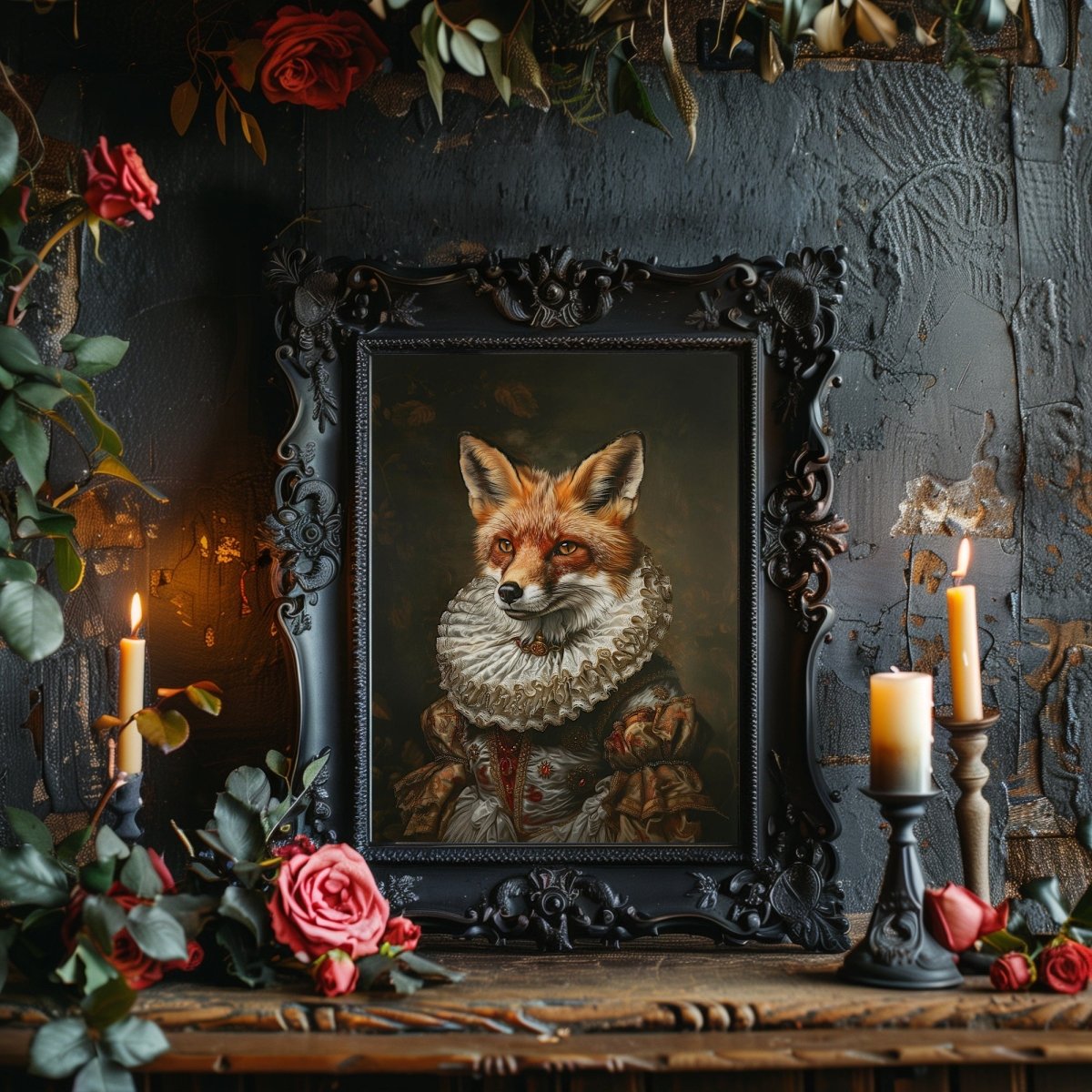 Fox Lady in Renaissance Ruff Costume - Quirky Animal Portrait Print - Gothic Wall Art - Everything Pixel