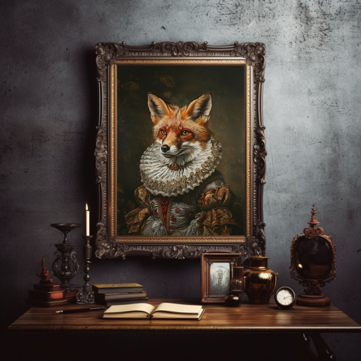 Fox Lady in Renaissance Ruff Costume - Quirky Animal Portrait Print - Gothic Wall Art - Everything Pixel