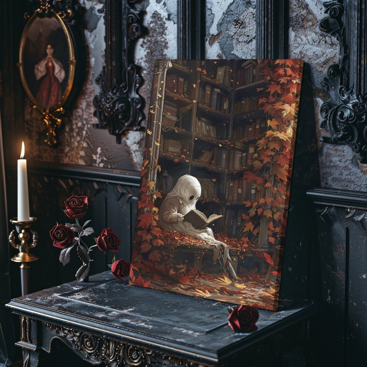 Ghost in Library Canvas Print - Autumn Decor, Whimsigoth Halloween - Everything Pixel