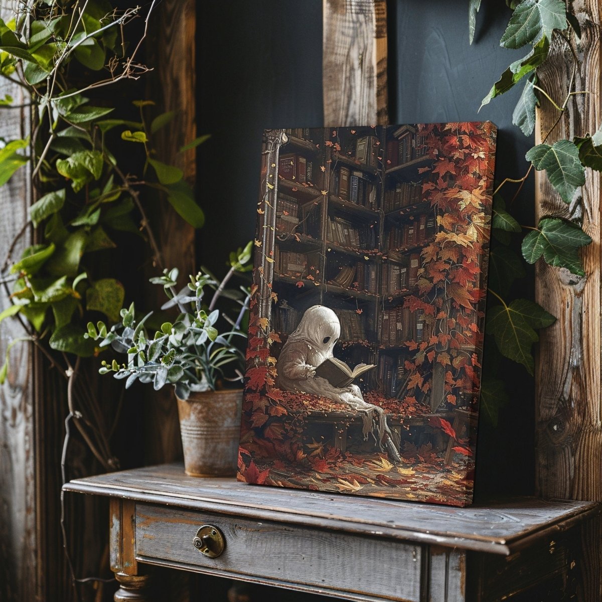 Ghost in Library Canvas Print - Autumn Decor, Whimsigoth Halloween - Everything Pixel