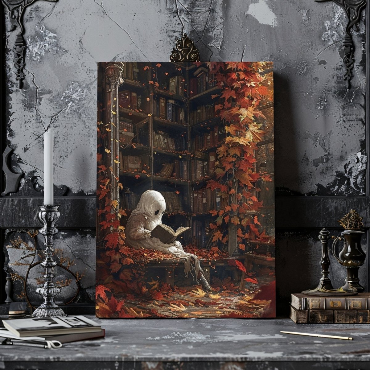 Ghost in Library Canvas Print - Autumn Decor, Whimsigoth Halloween - Everything Pixel