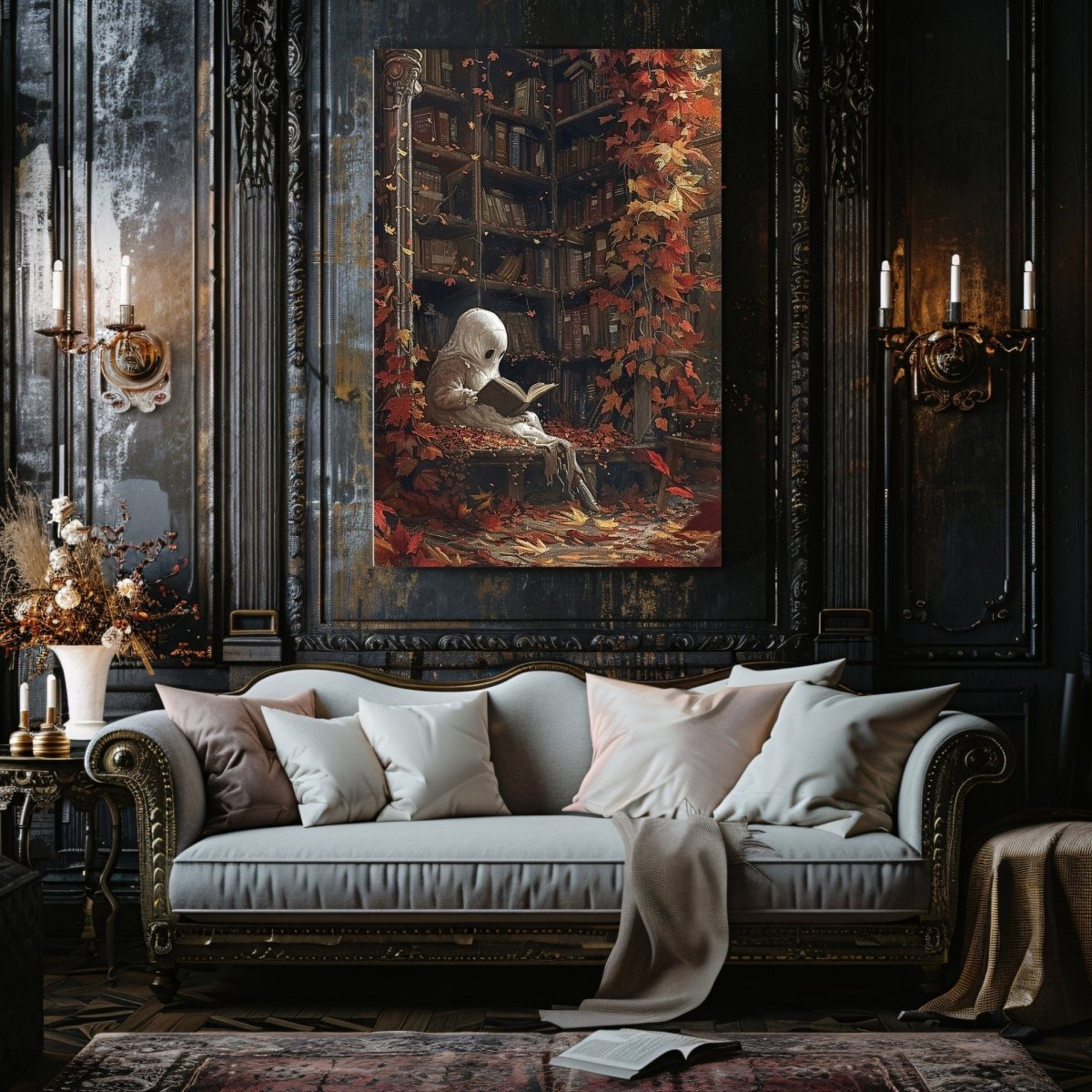 Ghost in Library Canvas Print - Autumn Decor, Whimsigoth Halloween - Everything Pixel