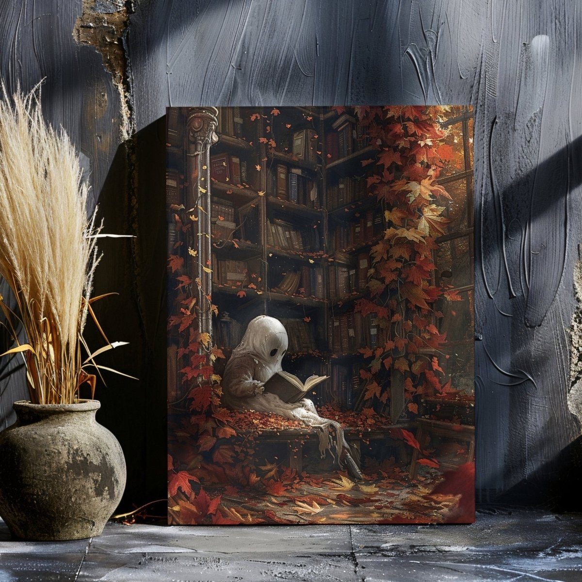 Ghost in Library Canvas Print - Autumn Decor, Whimsigoth Halloween - Everything Pixel