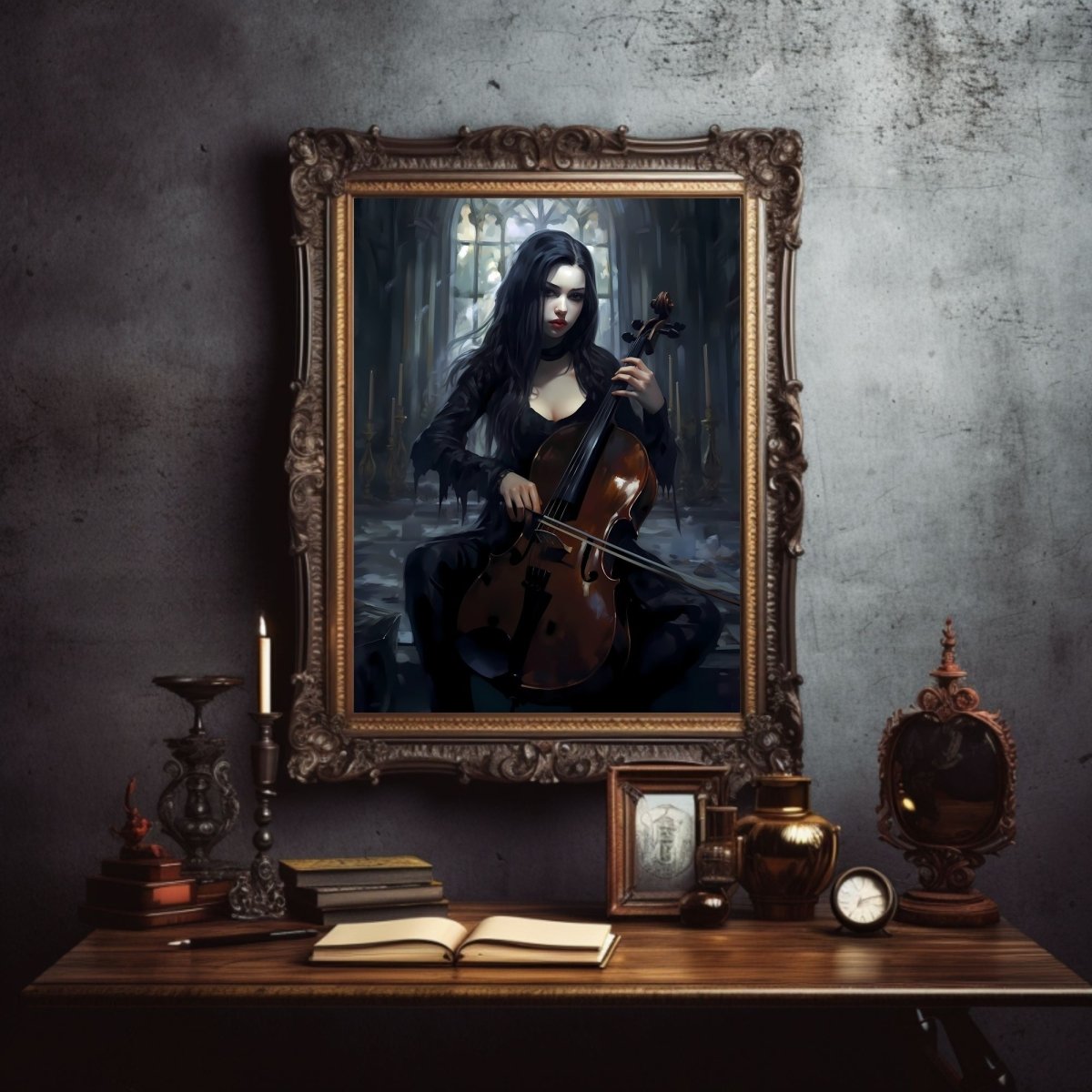 Goth Girl playing Cello on a Wednesday Gothic Wall Art Paper Poster Prints Dark Spooky Decor Fantasy Poster Dark Academia Gothic Retro Ghost Wall Art Wicca - Everything Pixel