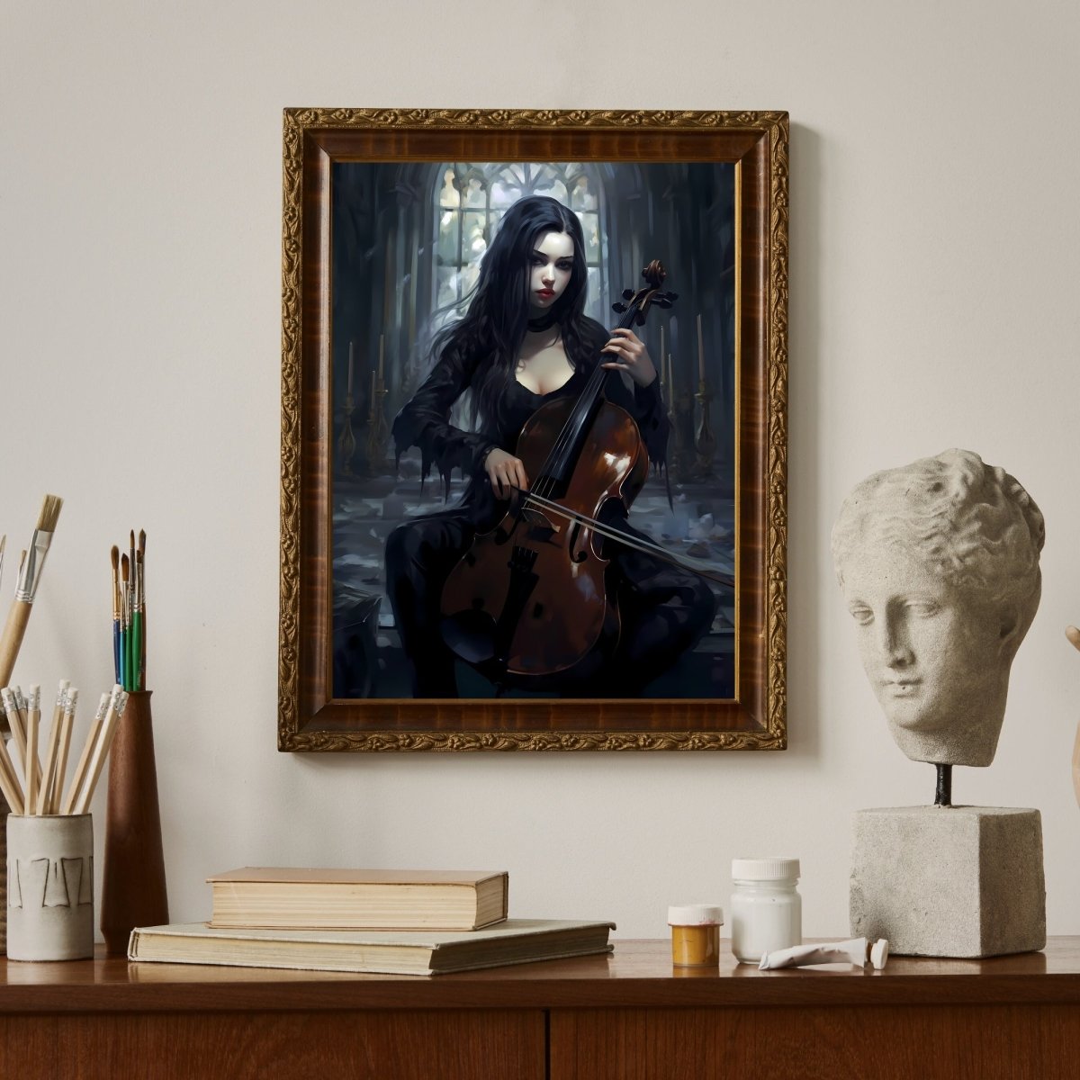 Goth Girl playing Cello on a Wednesday Gothic Wall Art Paper Poster Prints Dark Spooky Decor Fantasy Poster Dark Academia Gothic Retro Ghost Wall Art Wicca - Everything Pixel