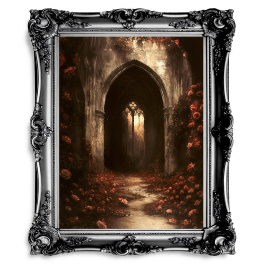 Gothic Cathedral Wall Art Print with Red Roses – Dark Academia Ruin Floral Fantasy Decor - Everything Pixel