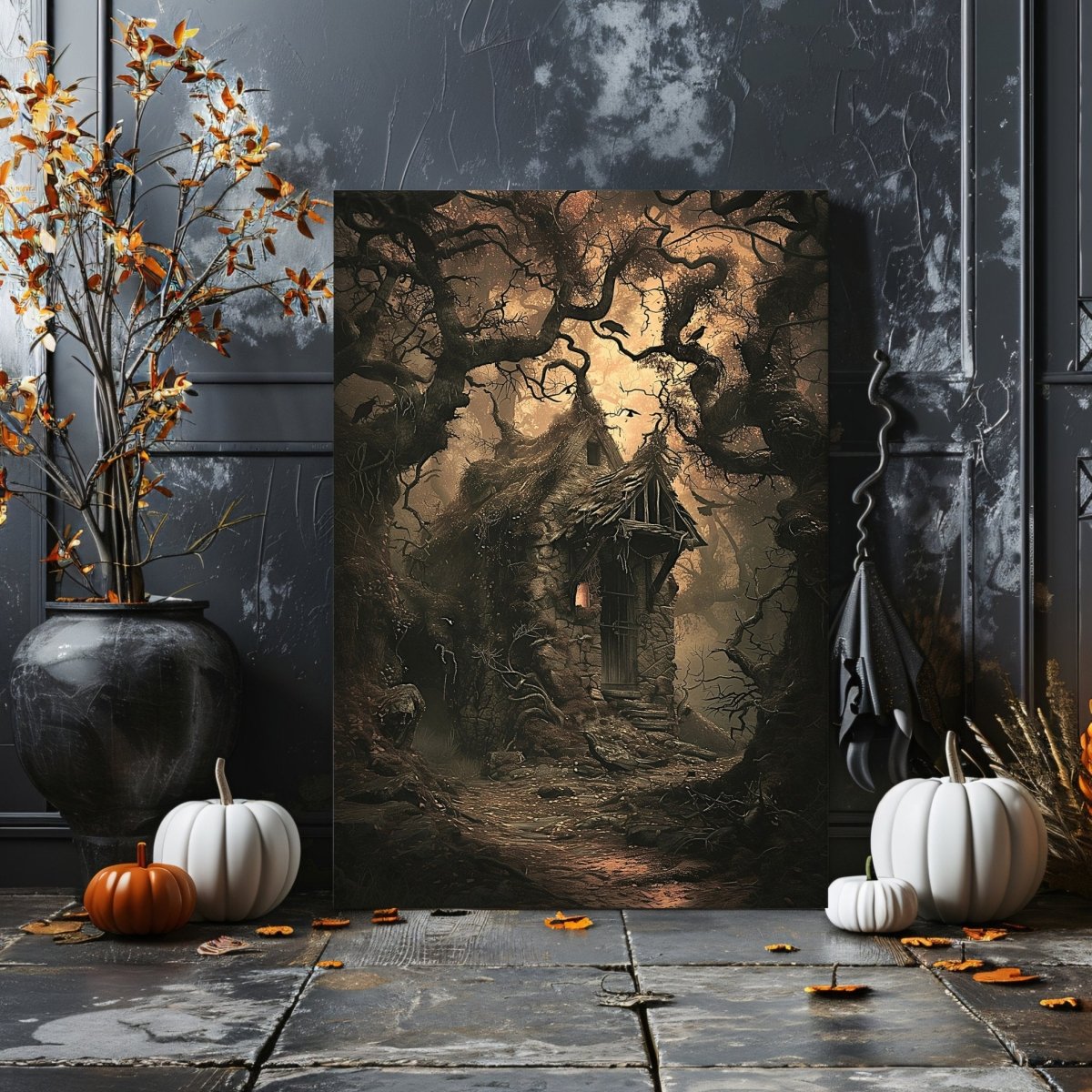 Gothic Forest Cottage Canvas Print – Enchanted Haunted House with Crows and Trees, Witchy Fairytale Art - Everything Pixel