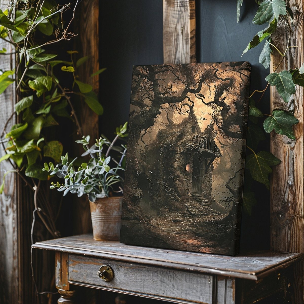 Gothic Forest Cottage Canvas Print – Enchanted Haunted House with Crows and Trees, Witchy Fairytale Art - Everything Pixel