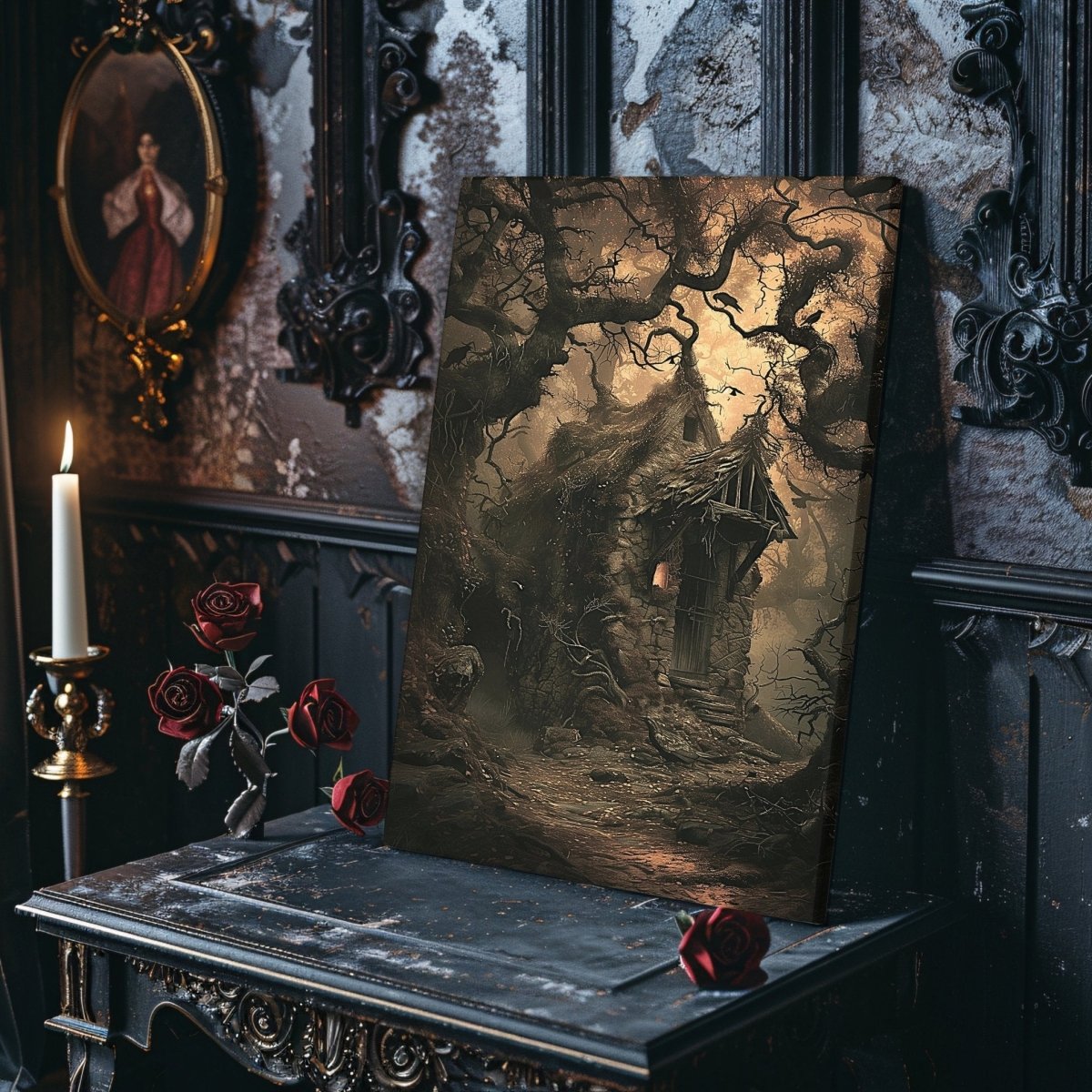 Gothic Forest Cottage Canvas Print – Enchanted Haunted House with Crows and Trees, Witchy Fairytale Art - Everything Pixel