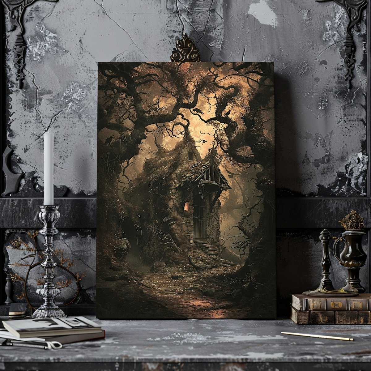 Gothic Forest Cottage Canvas Print – Enchanted Haunted House with Crows and Trees, Witchy Fairytale Art - Everything Pixel