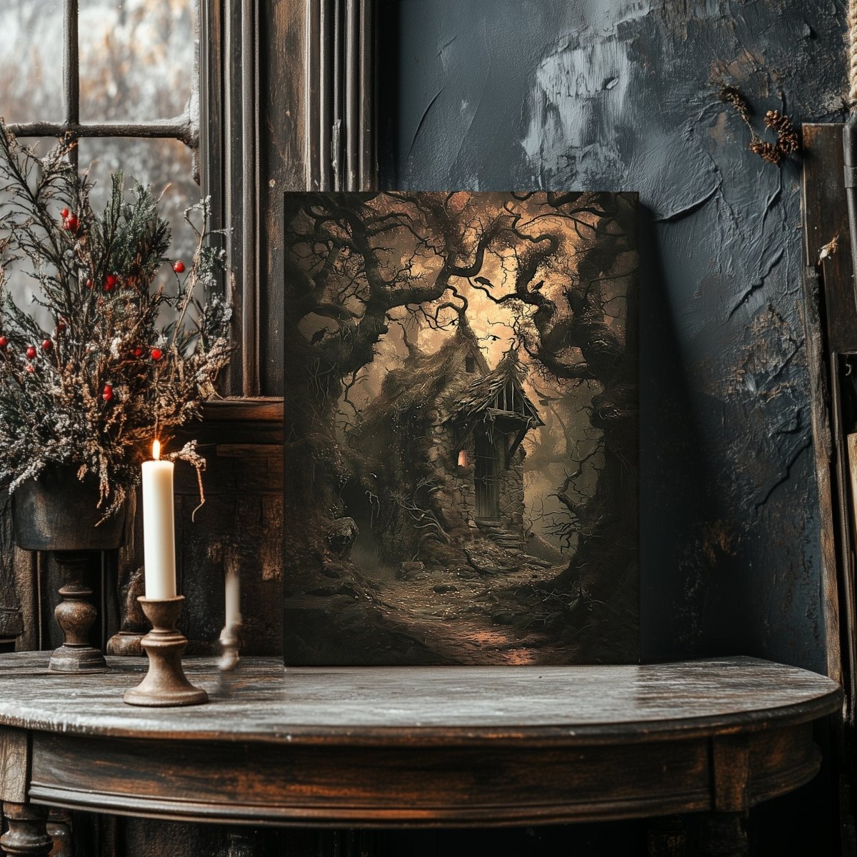 Gothic Forest Cottage Canvas Print – Enchanted Haunted House with Crows and Trees, Witchy Fairytale Art - Everything Pixel