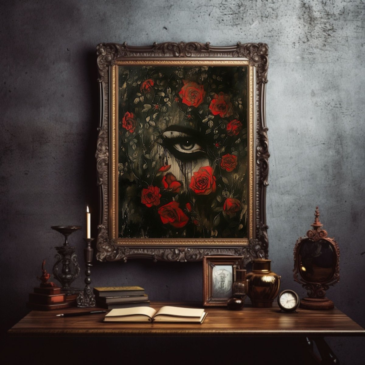 Gothic Lover's Eye Behind Red Roses Print - Enigmatic Gothic Decor - Gothic Wall Art Print - Everything Pixel