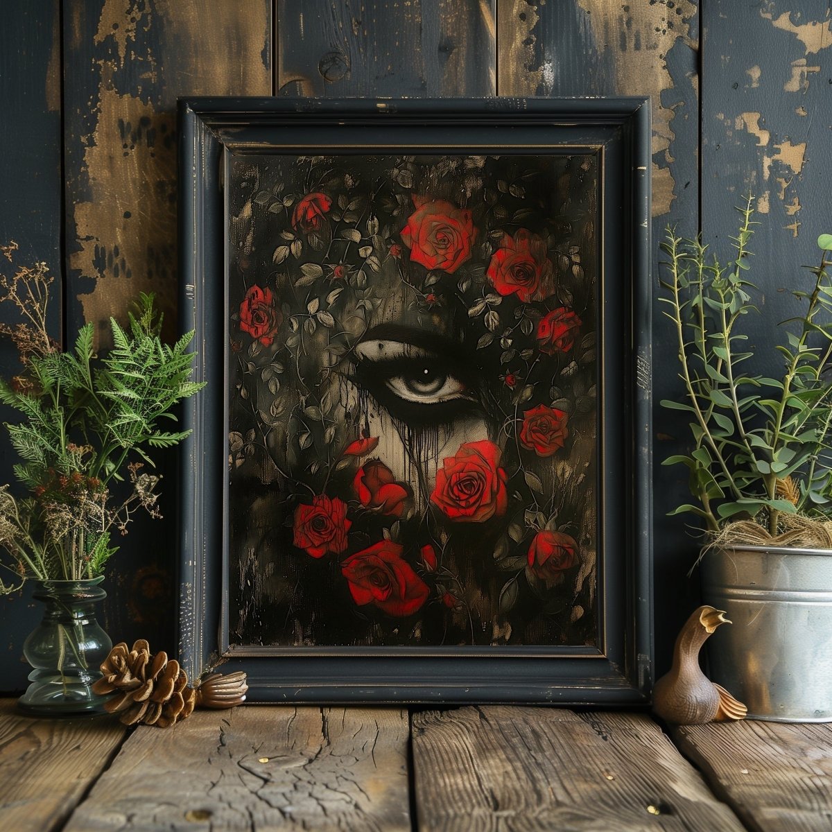 Gothic Lover's Eye Behind Red Roses Print - Enigmatic Gothic Decor - Gothic Wall Art Print - Everything Pixel