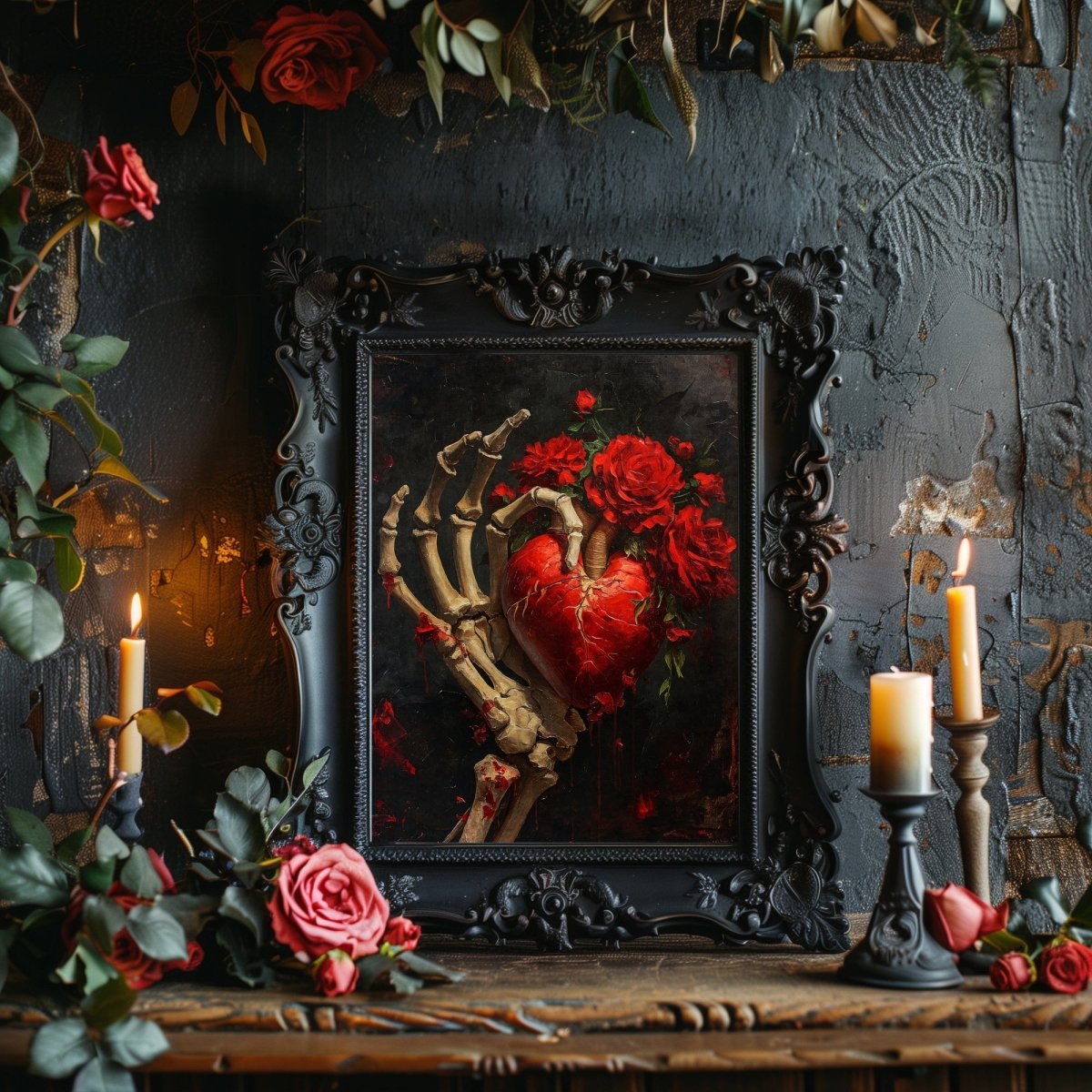 Gothic Valentine Gothic Wall Art Antique Oil Painting Skeletal Hand holding Heart and Roses Gothic Decor Goblincore Dark Romance Print Paper Poster Print - Everything Pixel