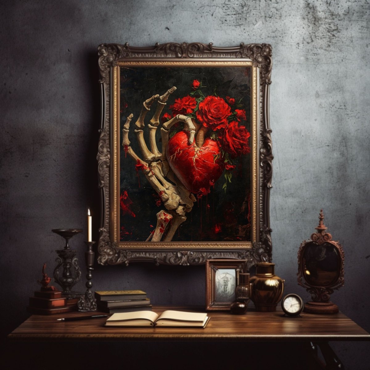 Gothic Valentine Gothic Wall Art Antique Oil Painting Skeletal Hand holding Heart and Roses Gothic Decor Goblincore Dark Romance Print Paper Poster Print - Everything Pixel