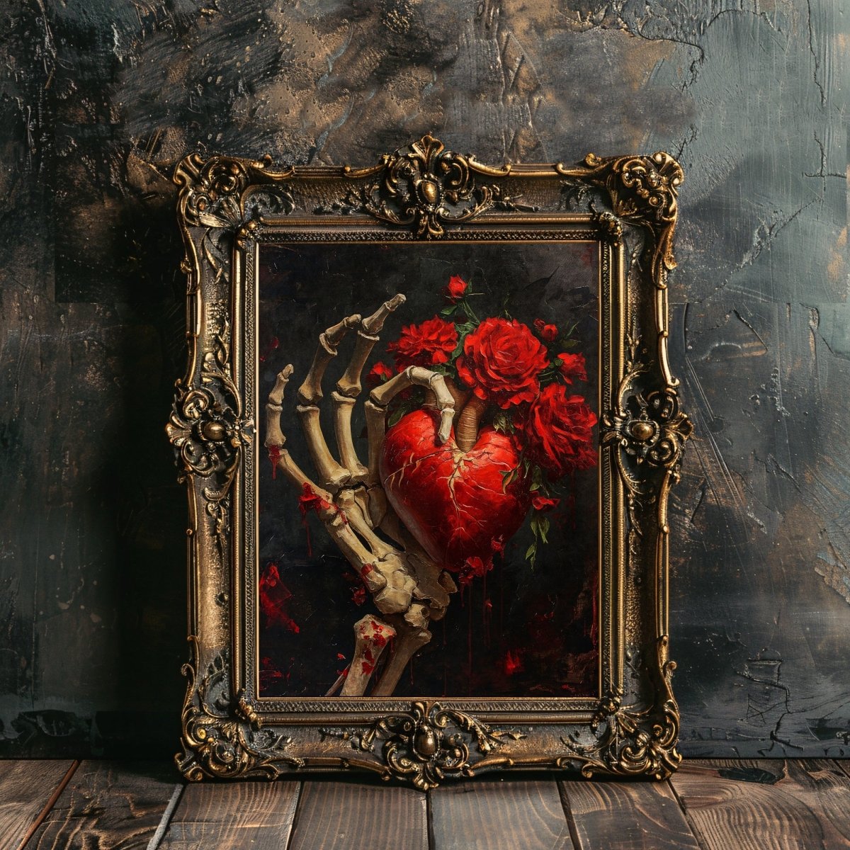 Gothic Valentine Gothic Wall Art Antique Oil Painting Skeletal Hand holding Heart and Roses Gothic Decor Goblincore Dark Romance Print Paper Poster Print - Everything Pixel