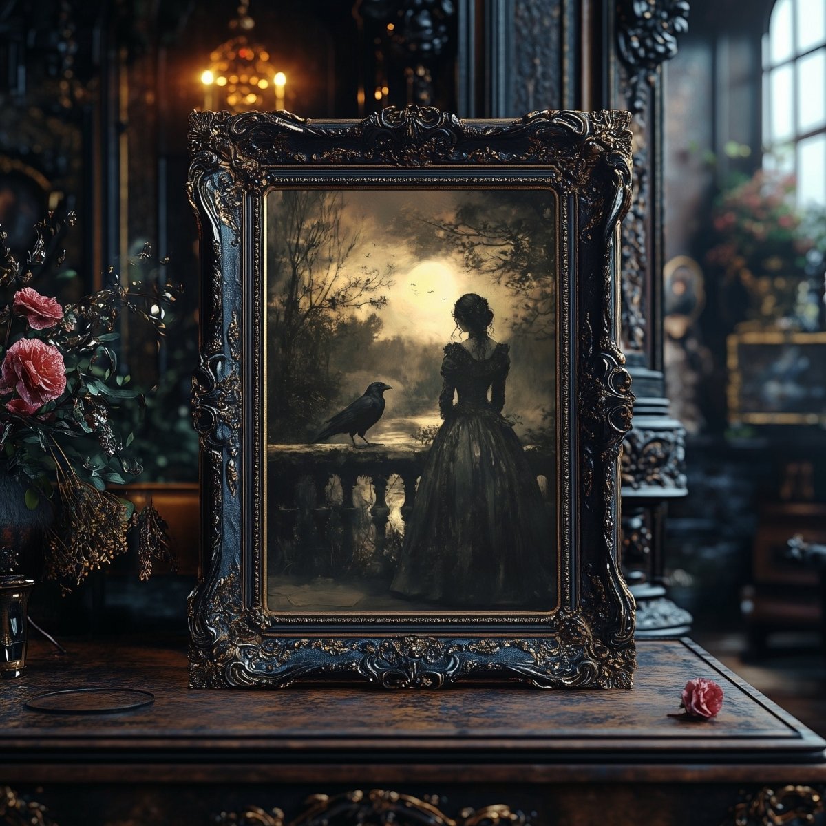 Gothic Woman & Raven Wall Art Print - Victorian Dark Romance Decor - Everything Pixel