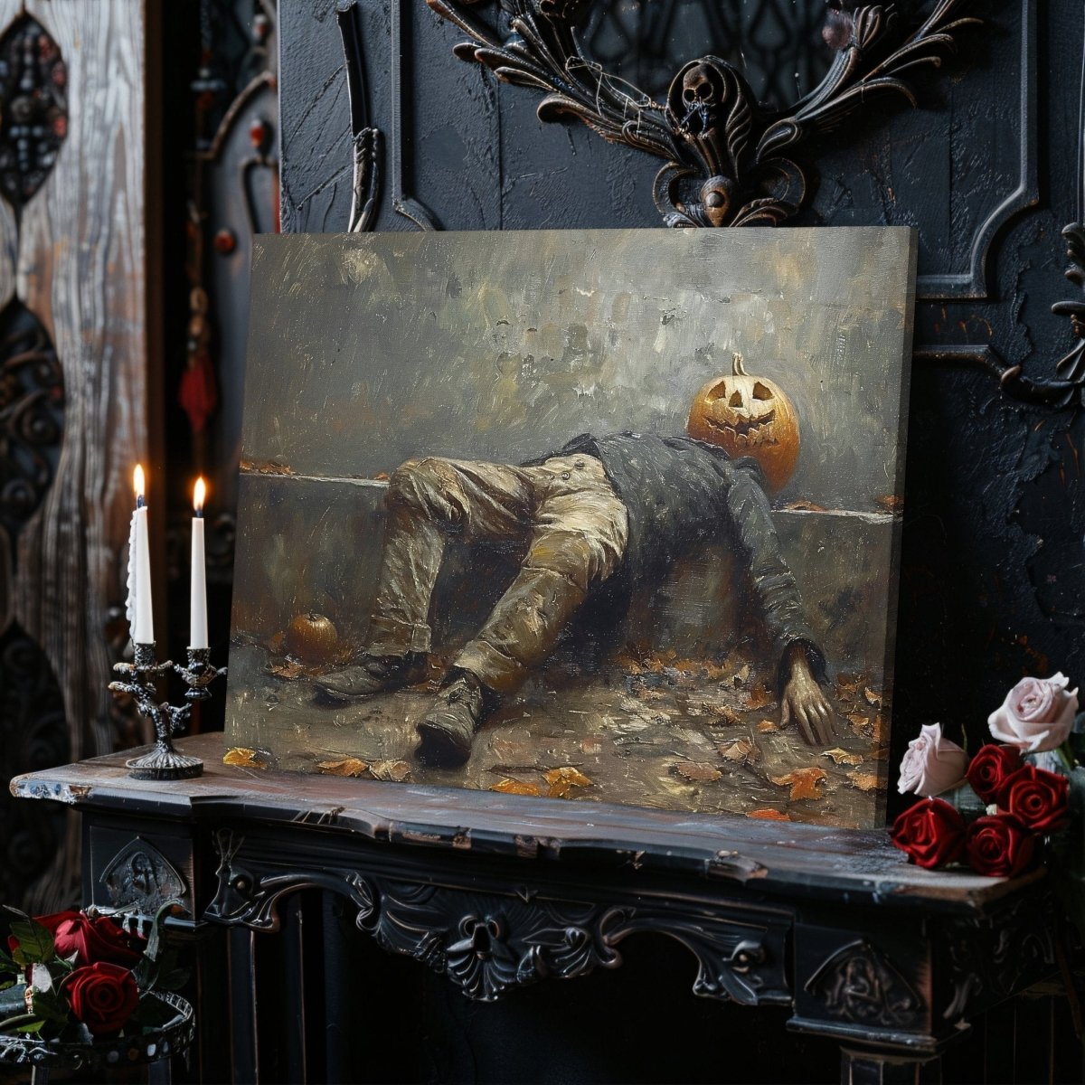 Halloween Night Aftermath Canvas Print - Funny Jack - o - Lantern Art, Cottagecore Decor - Everything Pixel