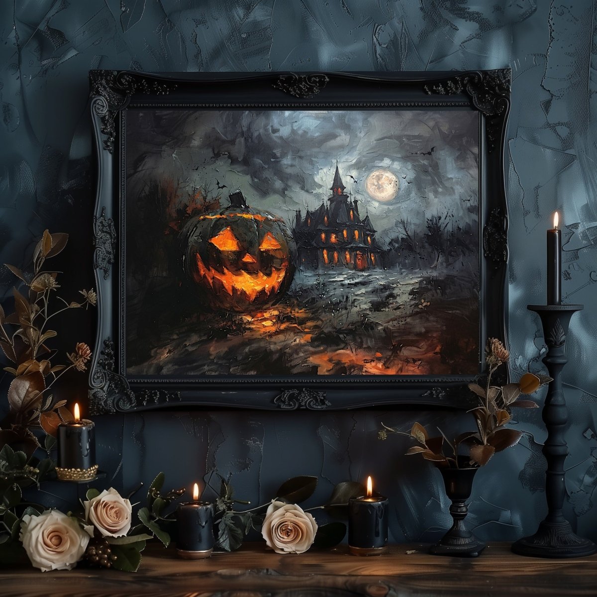 Haunted House with Halloween Pumpkin at Full Moon Night - Gothic Wall Art Print - Everything Pixel