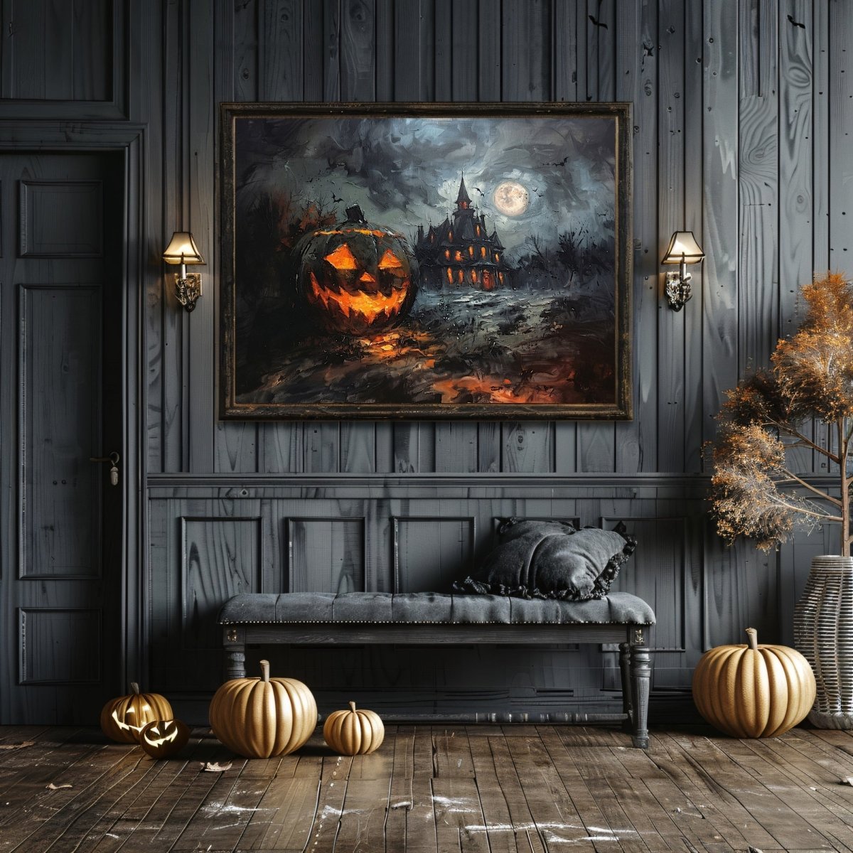 Haunted House with Halloween Pumpkin at Full Moon Night - Gothic Wall Art Print - Everything Pixel