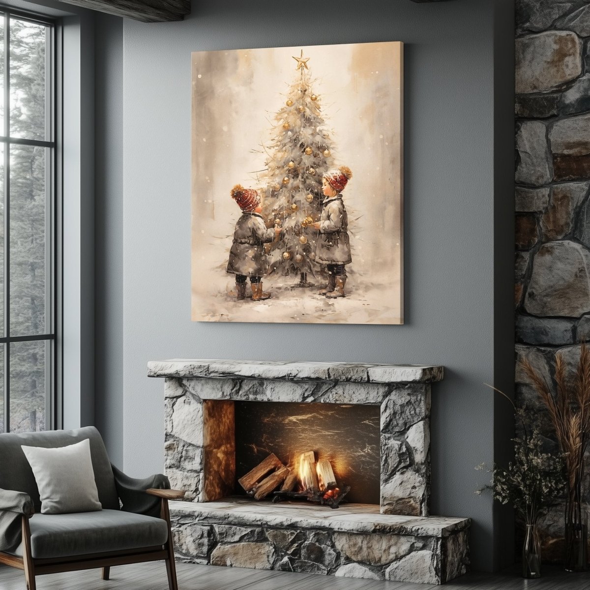 Heartwarming Christmas Children Decorating Tree Canvas Print - Farmhouse Holiday Decor, Vintage Winter Art - Everything Pixel