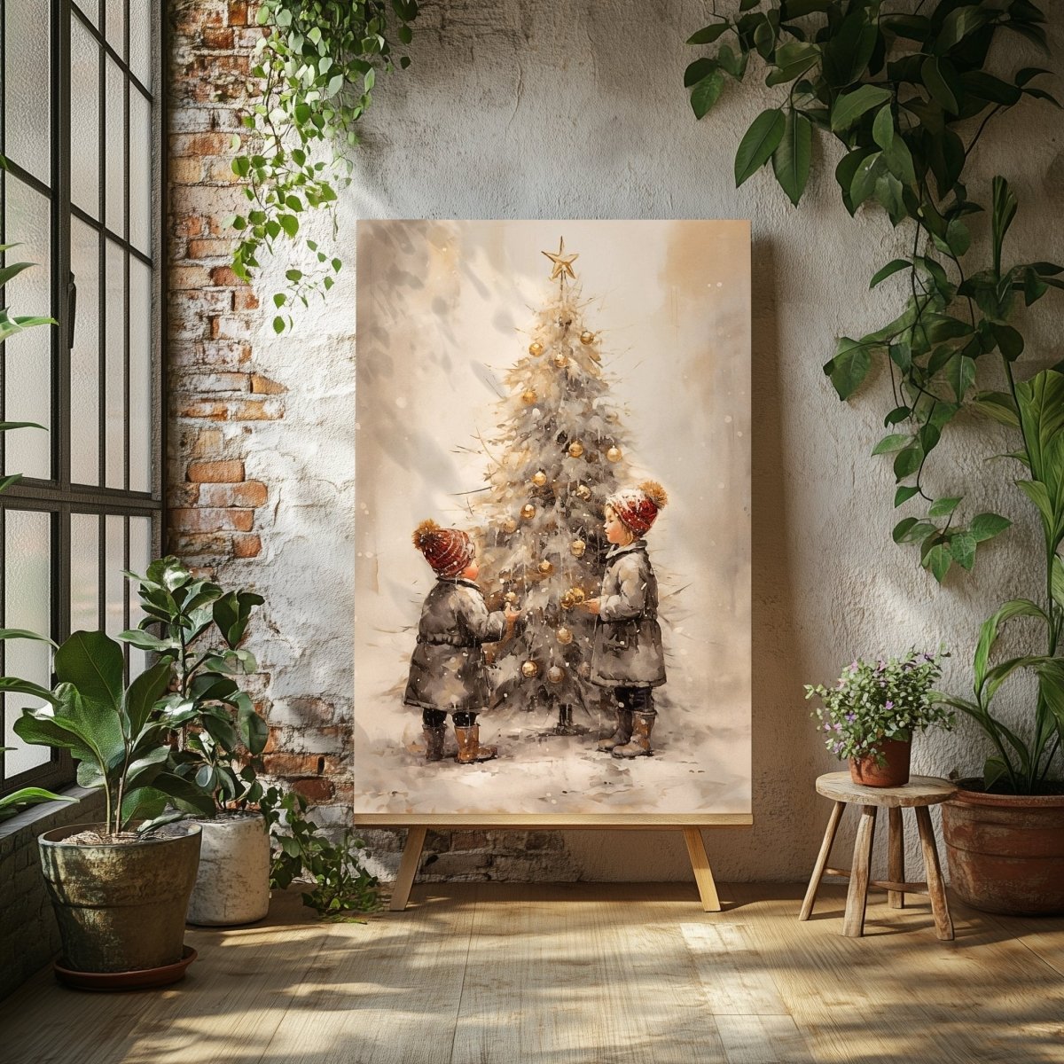 Heartwarming Christmas Children Decorating Tree Canvas Print - Farmhouse Holiday Decor, Vintage Winter Art - Everything Pixel