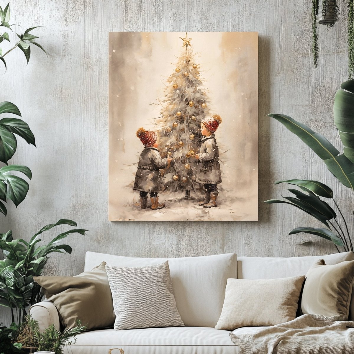 Heartwarming Christmas Children Decorating Tree Canvas Print - Farmhouse Holiday Decor, Vintage Winter Art - Everything Pixel