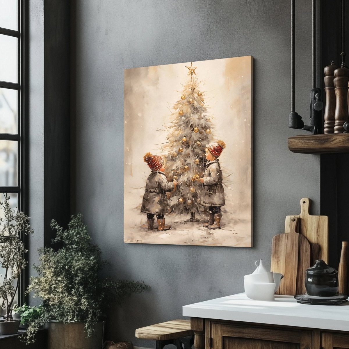 Heartwarming Christmas Children Decorating Tree Canvas Print - Farmhouse Holiday Decor, Vintage Winter Art - Everything Pixel
