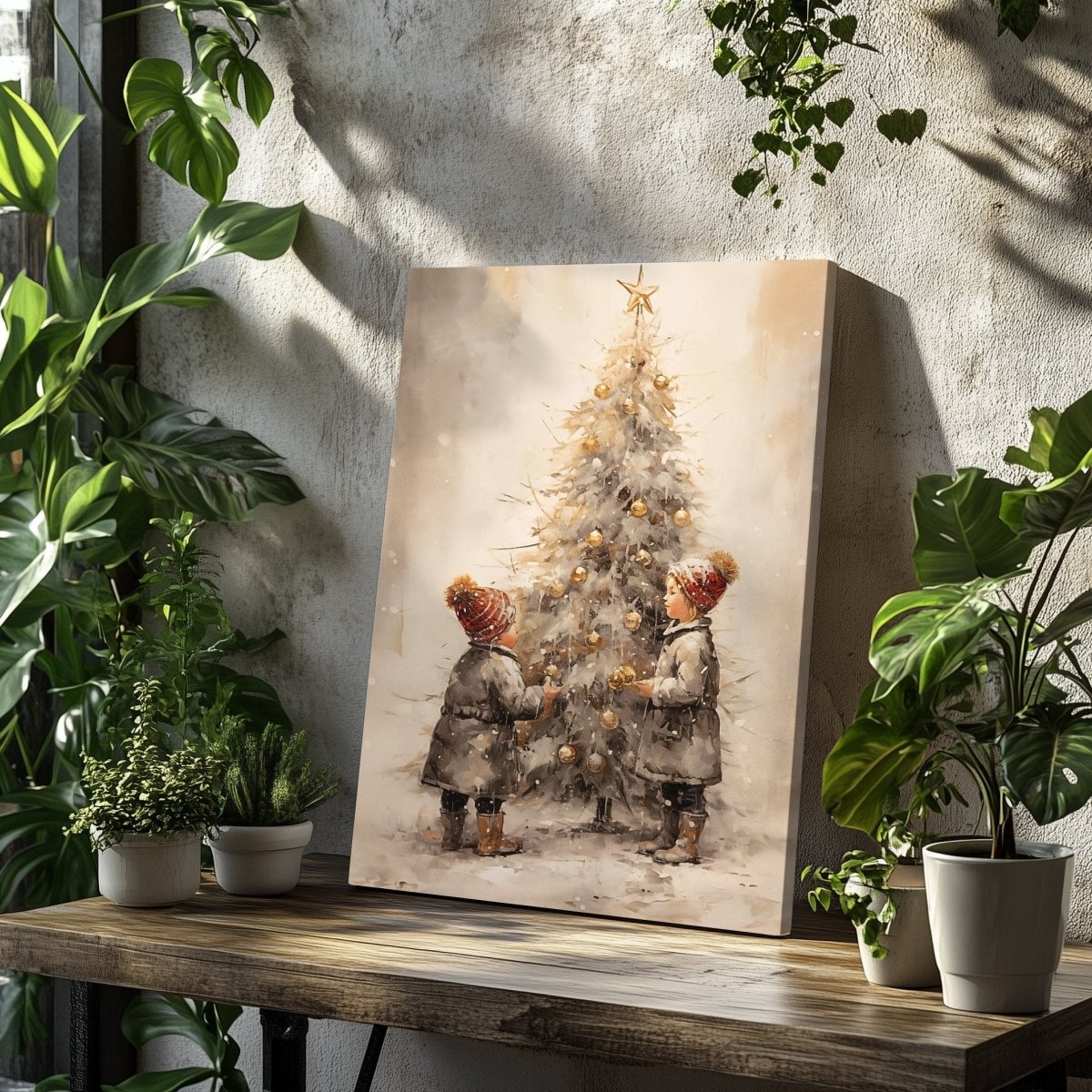 Heartwarming Christmas Children Decorating Tree Canvas Print - Farmhouse Holiday Decor, Vintage Winter Art - Everything Pixel