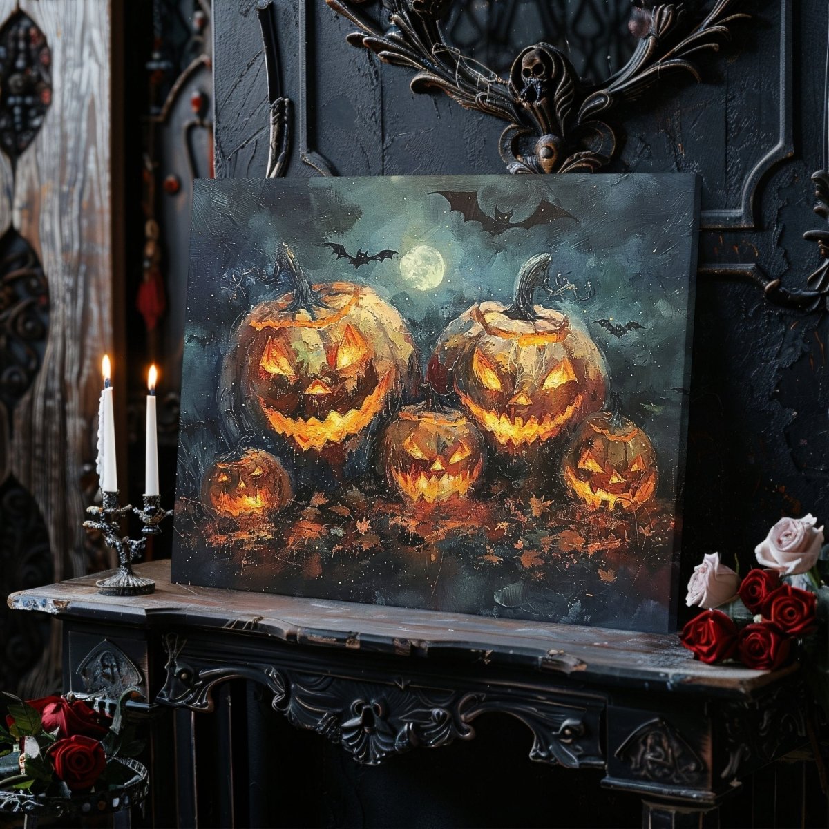 Jack - o - Lantern Pumpkin Family at Full Moon Night with Bats - Gothic Canvas Print - Everything Pixel