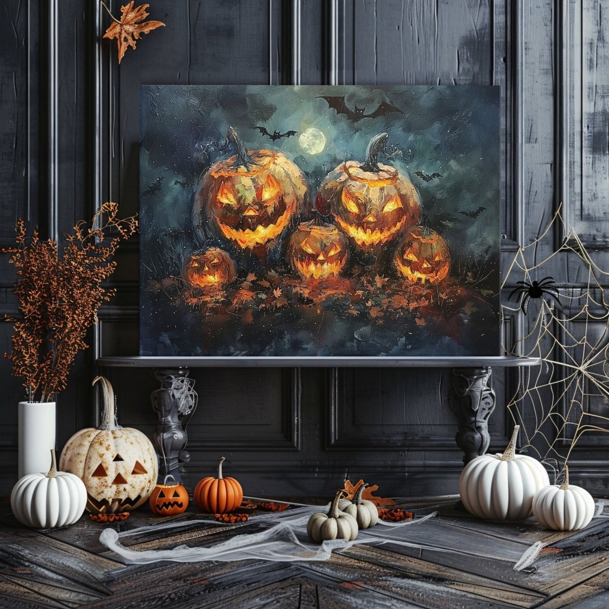 Jack - o - Lantern Pumpkin Family at Full Moon Night with Bats - Gothic Canvas Print - Everything Pixel