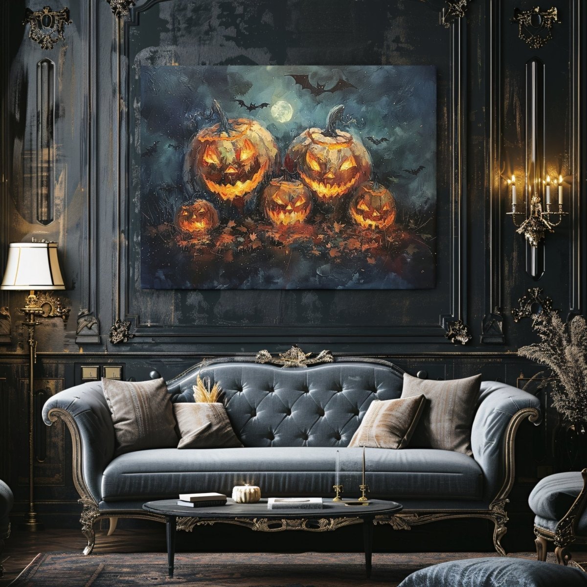 Jack - o - Lantern Pumpkin Family at Full Moon Night with Bats - Gothic Canvas Print - Everything Pixel