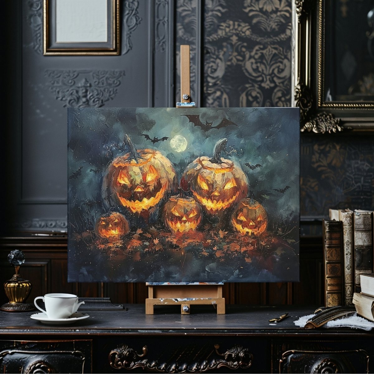 Jack - o - Lantern Pumpkin Family at Full Moon Night with Bats - Gothic Canvas Print - Everything Pixel