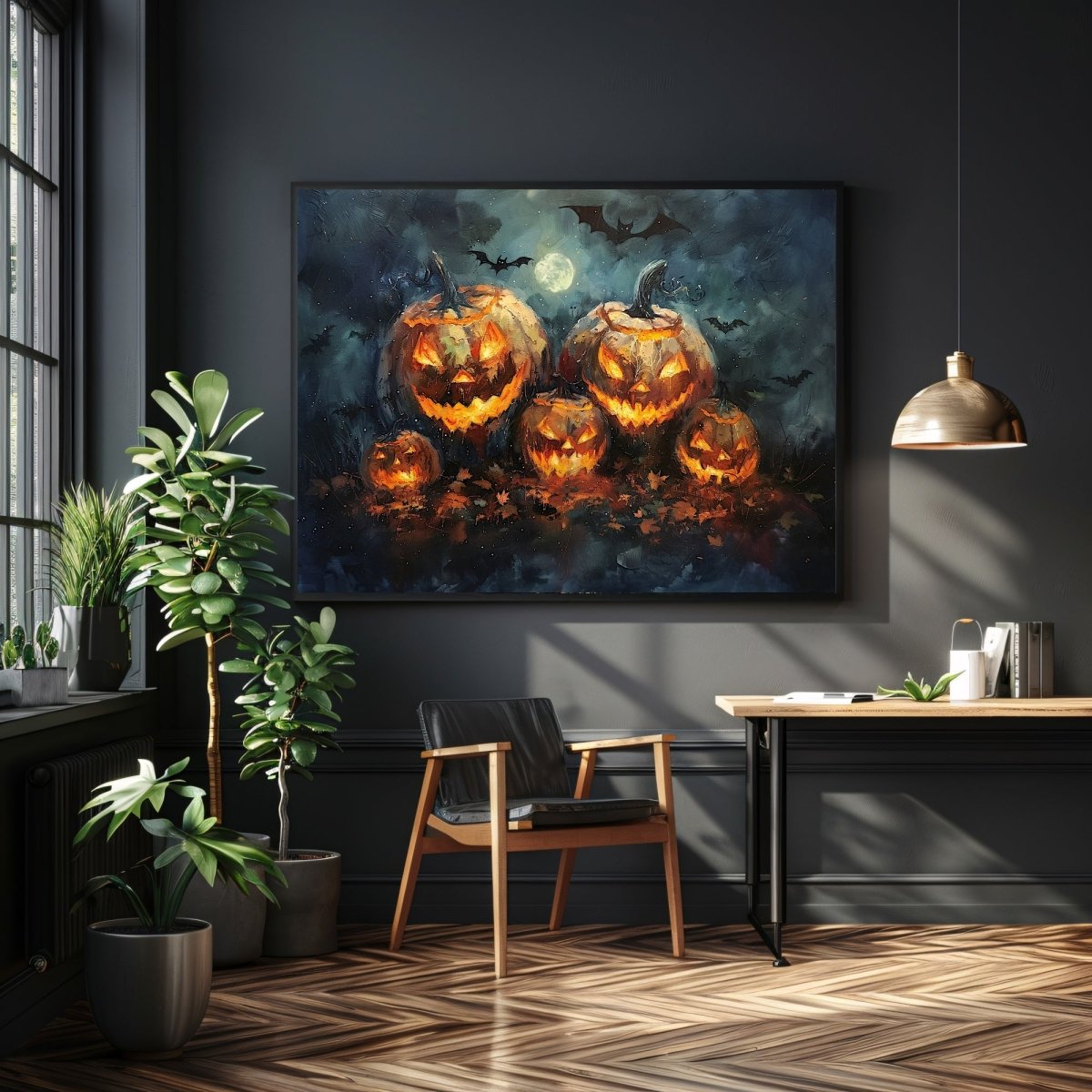 Jack - o - Lantern Pumpkin Family at Full Moon Night with Bats - Gothic Wall Art Print - Everything Pixel
