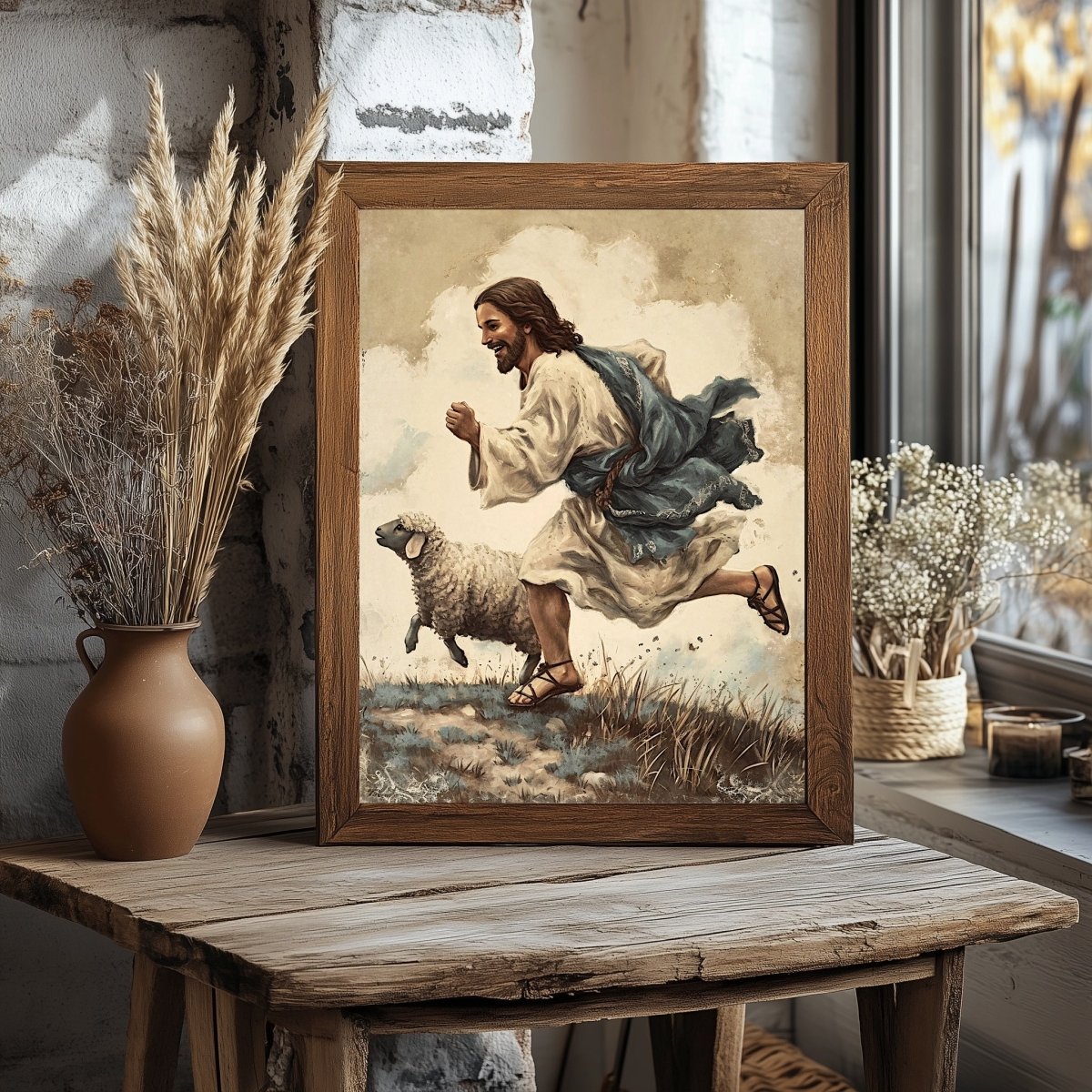 Jesus and Lamb Wall Art Vintage Christian Spring Artwork Jesus running with his Lamb Easter Farmhouse Decor Good Sheperd Print Paper Poster Print - Everything Pixel