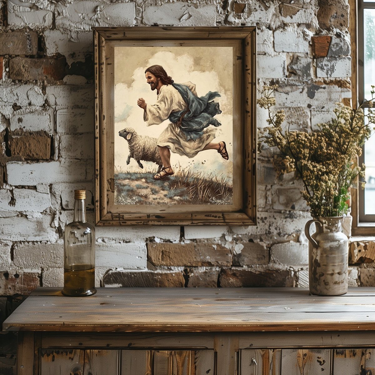 Jesus and Lamb Wall Art Vintage Christian Spring Artwork Jesus running with his Lamb Easter Farmhouse Decor Good Sheperd Print Paper Poster Print - Everything Pixel