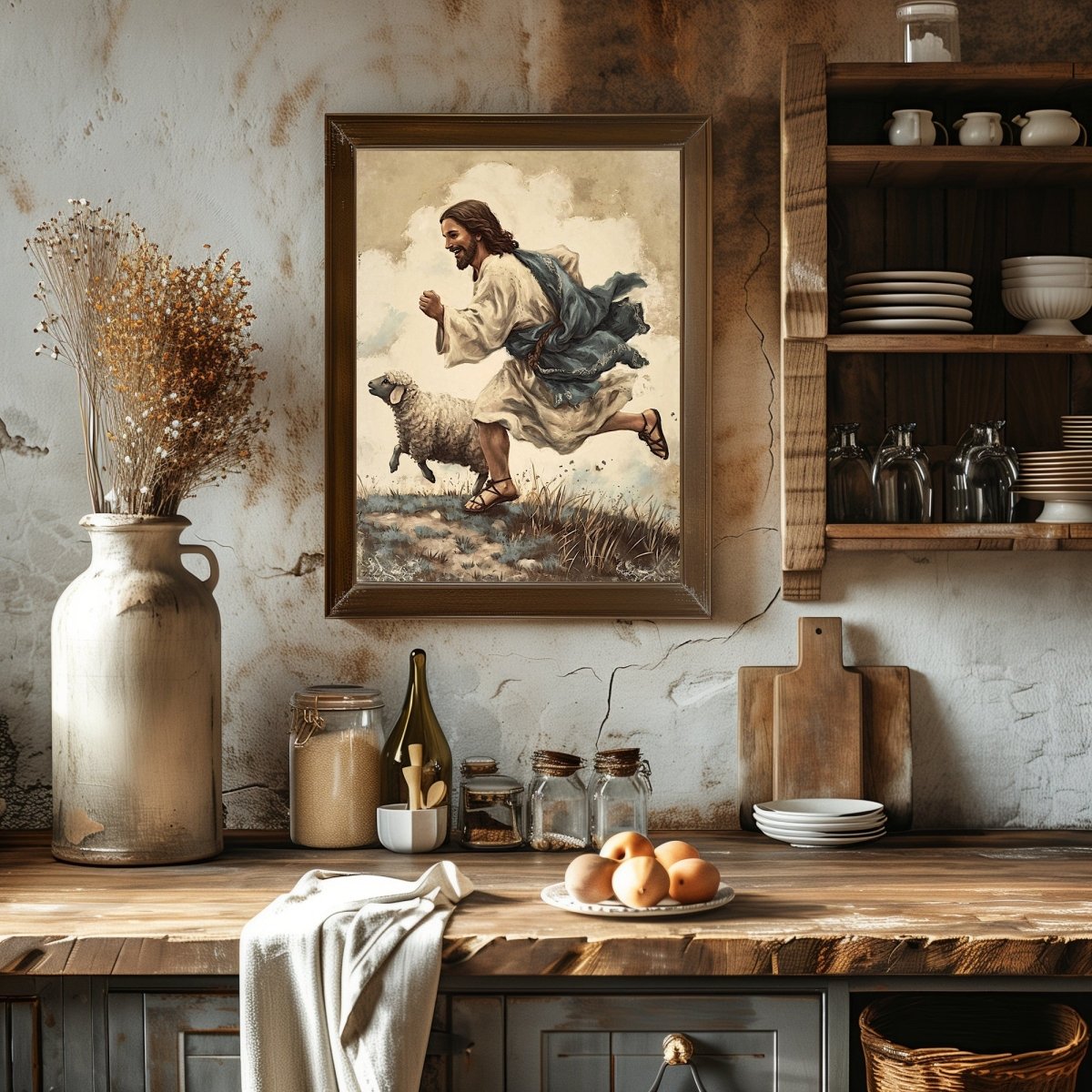 Jesus and Lamb Wall Art Vintage Christian Spring Artwork Jesus running with his Lamb Easter Farmhouse Decor Good Sheperd Print Paper Poster Print - Everything Pixel
