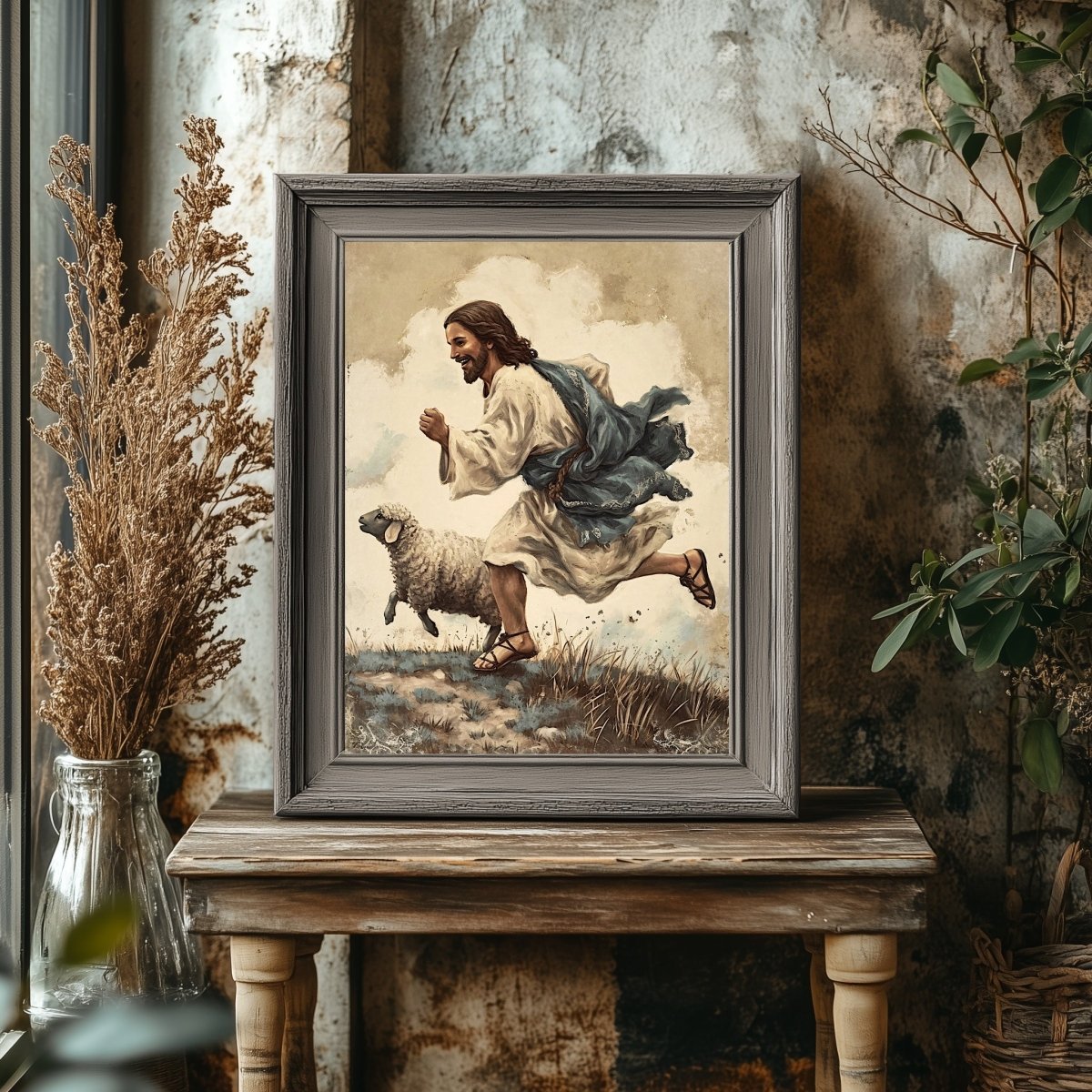Jesus and Lamb Wall Art Vintage Christian Spring Artwork Jesus running with his Lamb Easter Farmhouse Decor Good Sheperd Print Paper Poster Print - Everything Pixel
