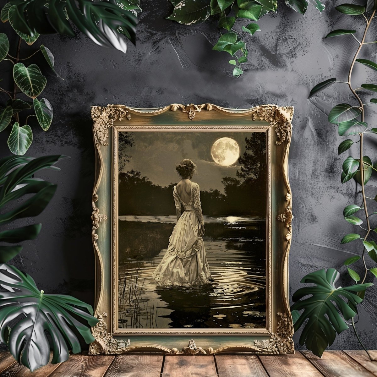 Lady in White Victorian Dress by a Lake on Full Moon Night - Gothic Wall Art Print - Everything Pixel