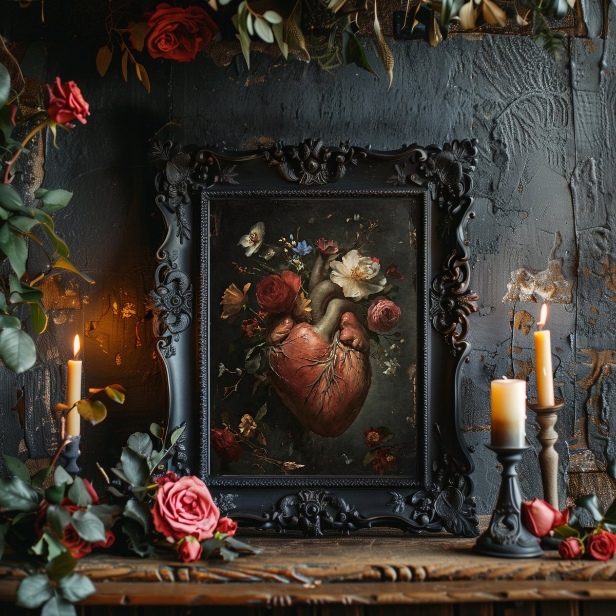 Macabre Valentine Gothic Wall Art Antique Oil Painting Human Heart with Flowers Creepy Gothic Decor Goblincore Decor Dark Romance Print Paper Poster Print - Everything Pixel